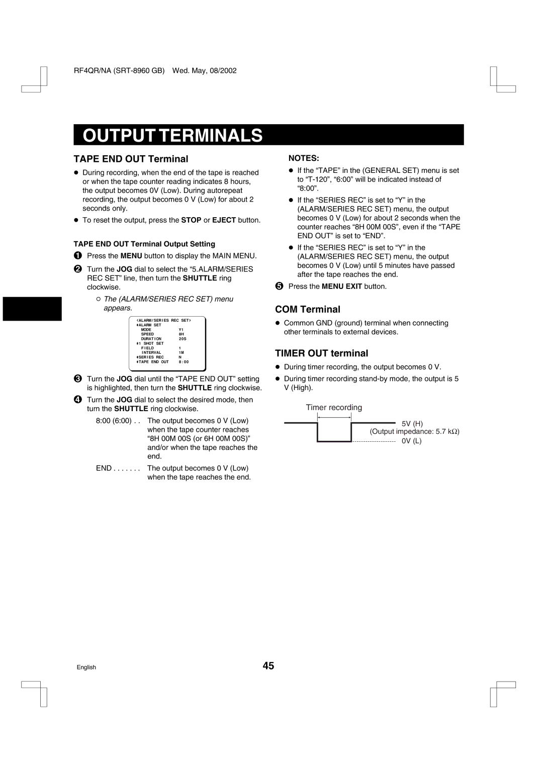 Sharp SRT-8168, SRT-8960, SRT-8040 Output Terminals, Tape END OUT Terminal, COM Terminal, Timer OUT terminal 