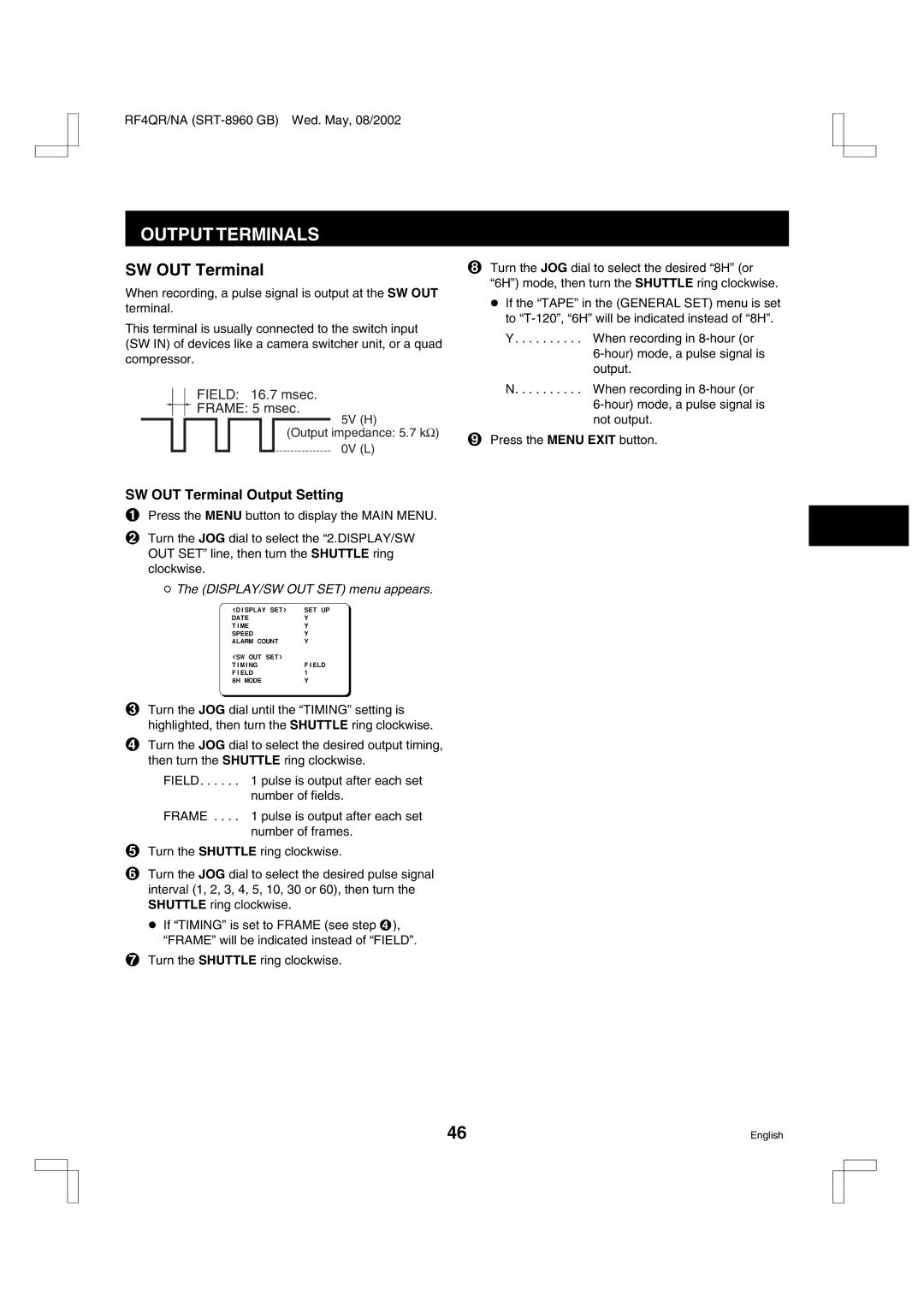 Sharp SRT-8040, SRT-8960, SRT-8168 instruction manual Output Terminals, SW OUT Terminal Output Setting 