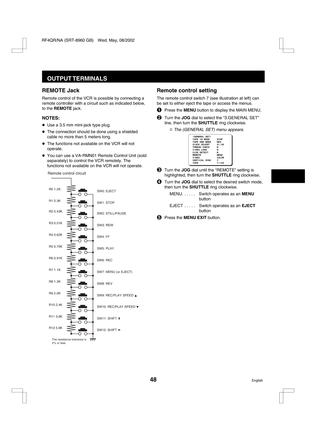 Sharp SRT-8168, SRT-8960, SRT-8040 instruction manual Remote Jack, Remote control setting 