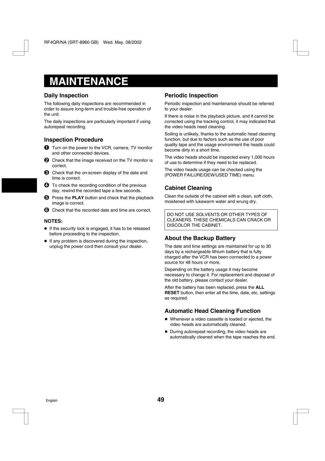 Sharp SRT-8040, SRT-8960, SRT-8168 instruction manual Maintenance 