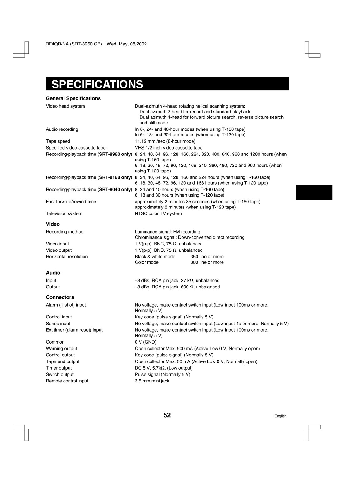 Sharp SRT-8040, SRT-8960, SRT-8168 instruction manual General Specifications, Video, Audio, Connectors 