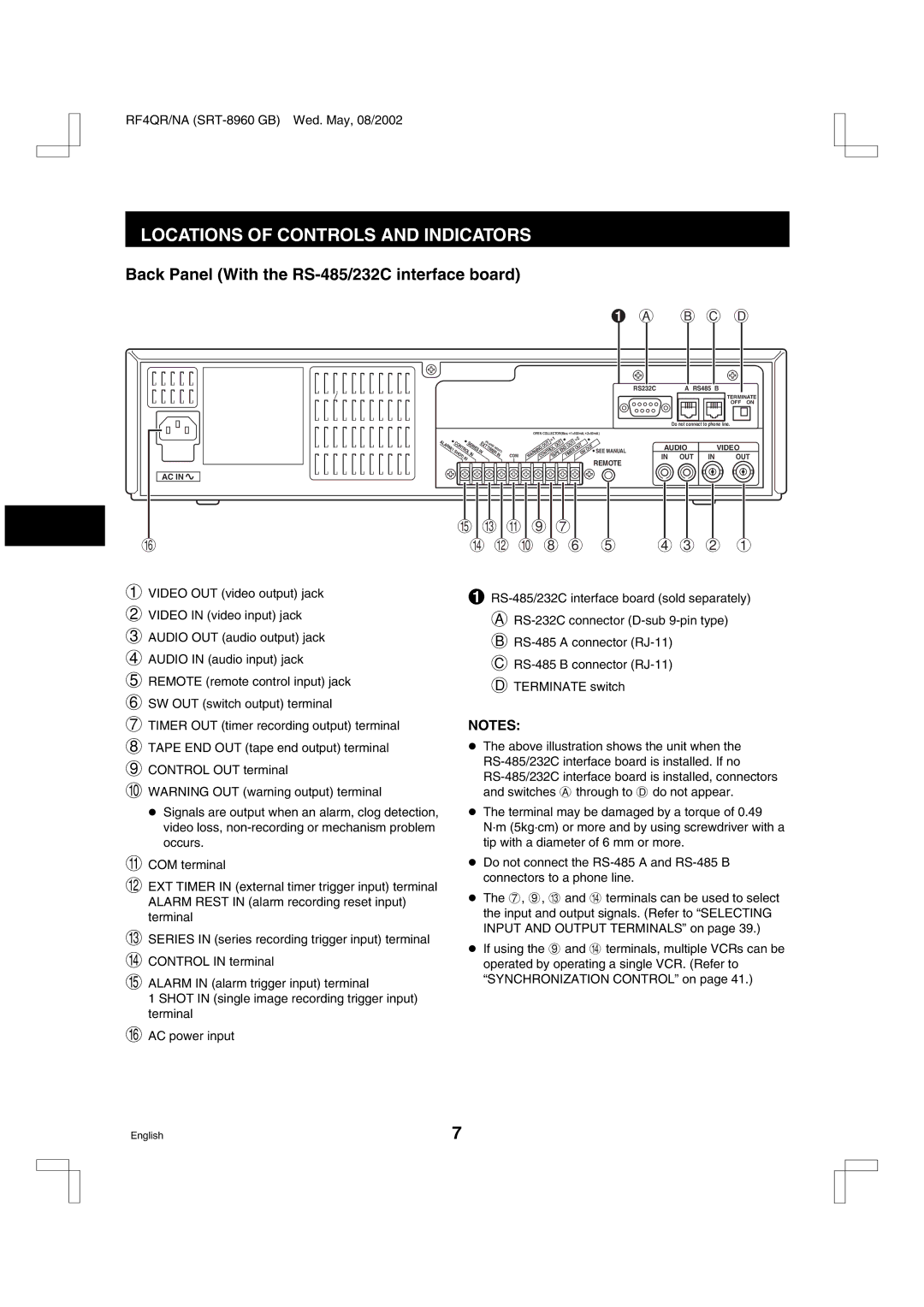 Sharp SRT-8040, SRT-8960, SRT-8168 instruction manual Back Panel With the RS-485/232C interface board, B C D 