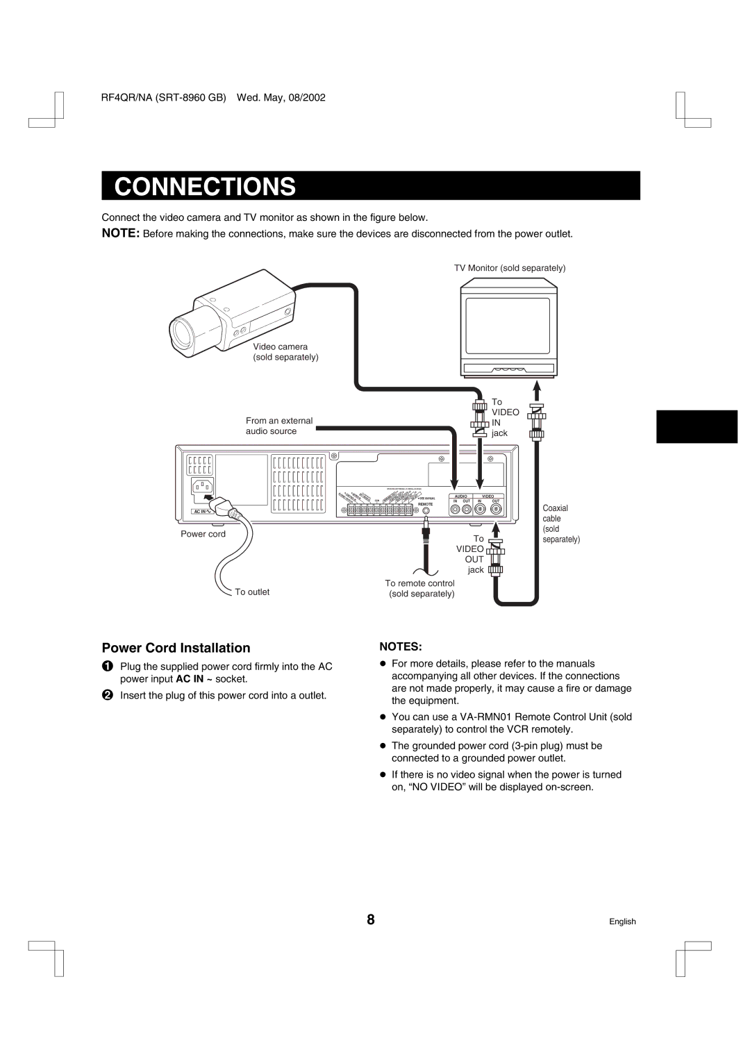 Sharp SRT-8960, SRT-8168, SRT-8040 instruction manual Connections, Power Cord Installation 