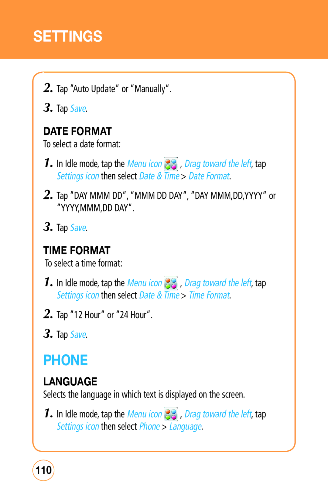 Sharp STX-2 manual Phone, Date Format, Time Format, Language, 110 