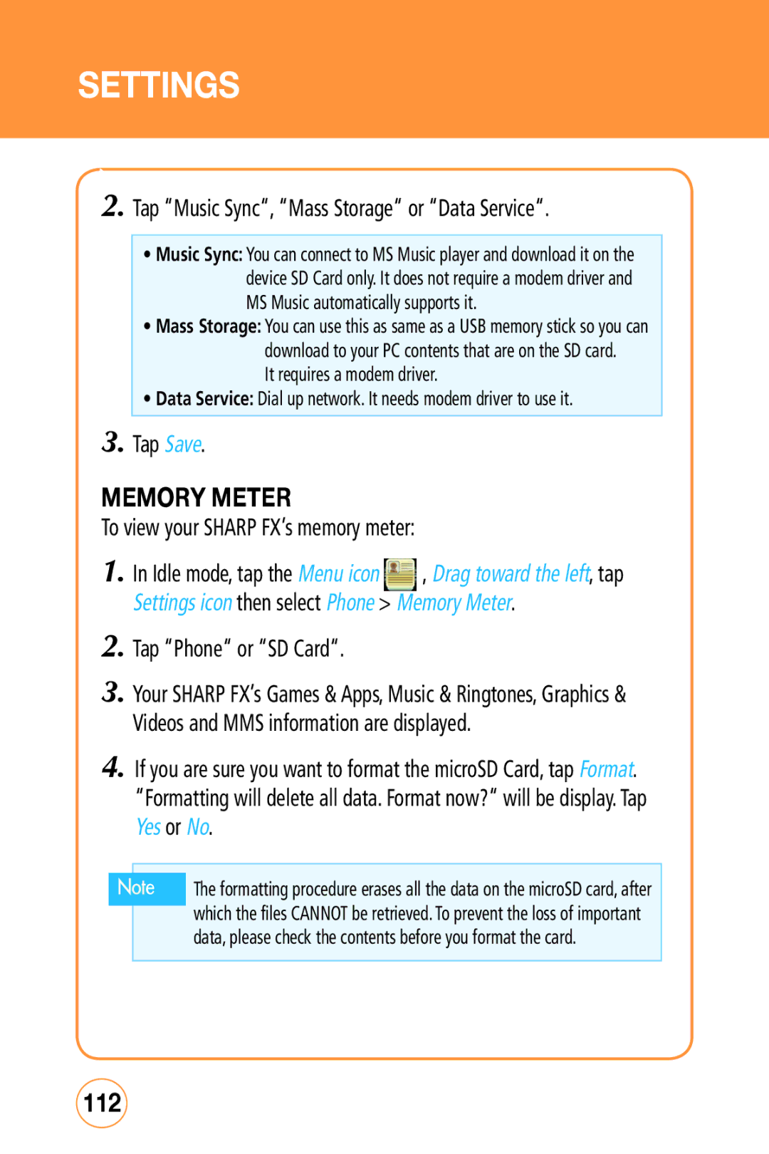 Sharp STX-2 manual Memory Meter, 112, Tap Music Sync, Mass Storage or Data Service, To view your Sharp FX’s memory meter 