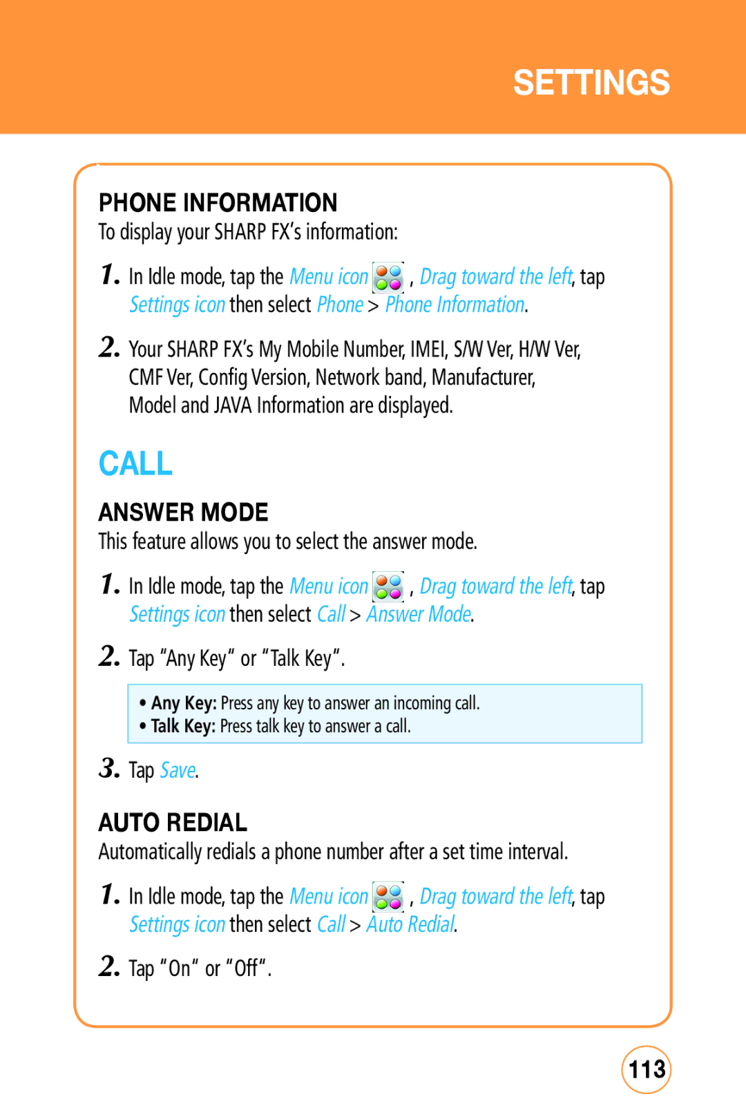 Sharp STX-2 manual Call, Phone Information, Answer Mode, Auto Redial, 113 