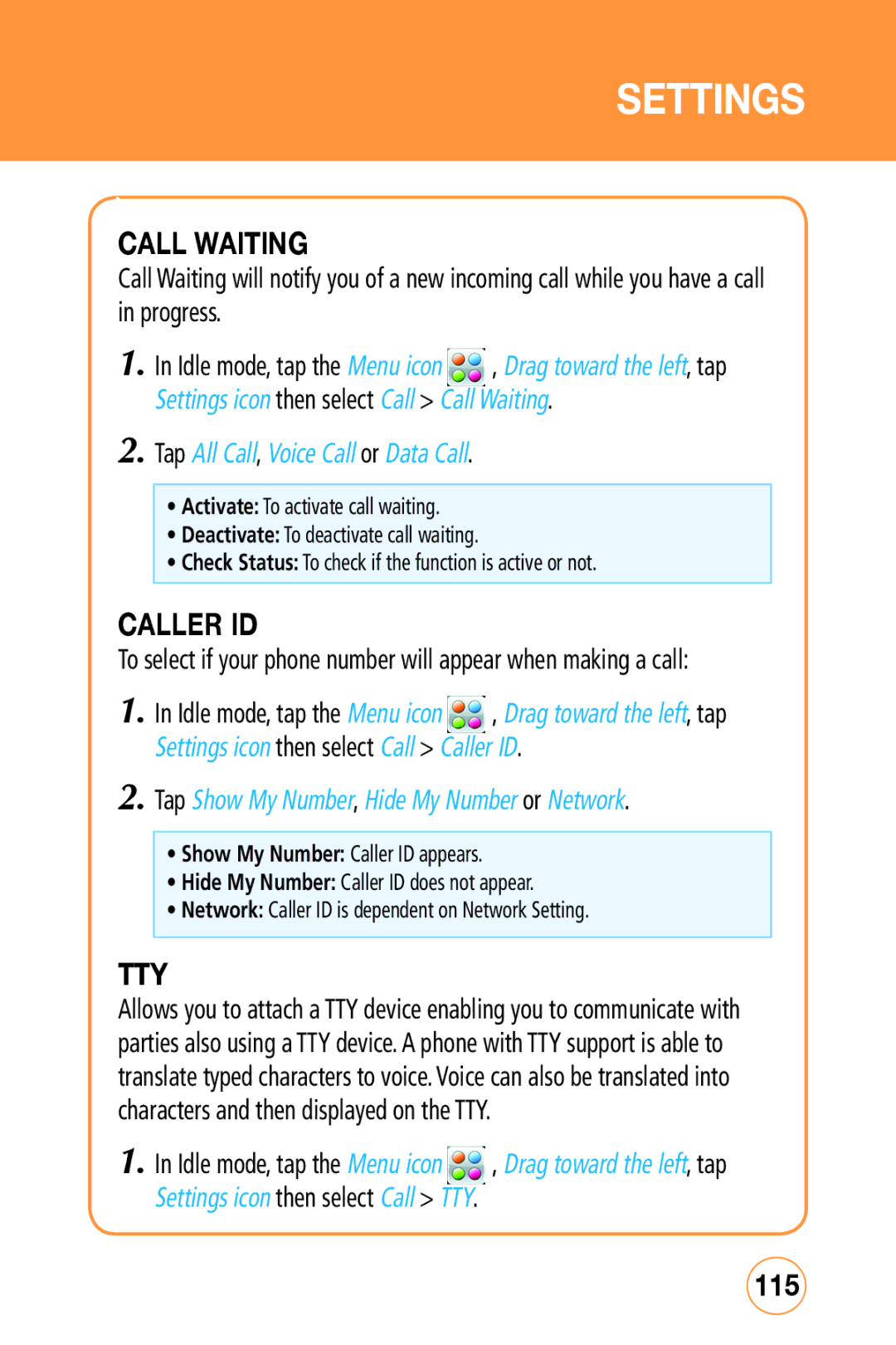 Sharp STX-2 manual Call Waiting, Caller ID, Tty, 115 