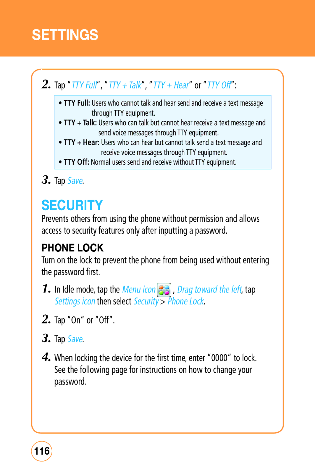 Sharp STX-2 manual Security, Phone Lock, 116, Tap TTY Full, TTY + Talk, TTY + Hear or TTY Off 