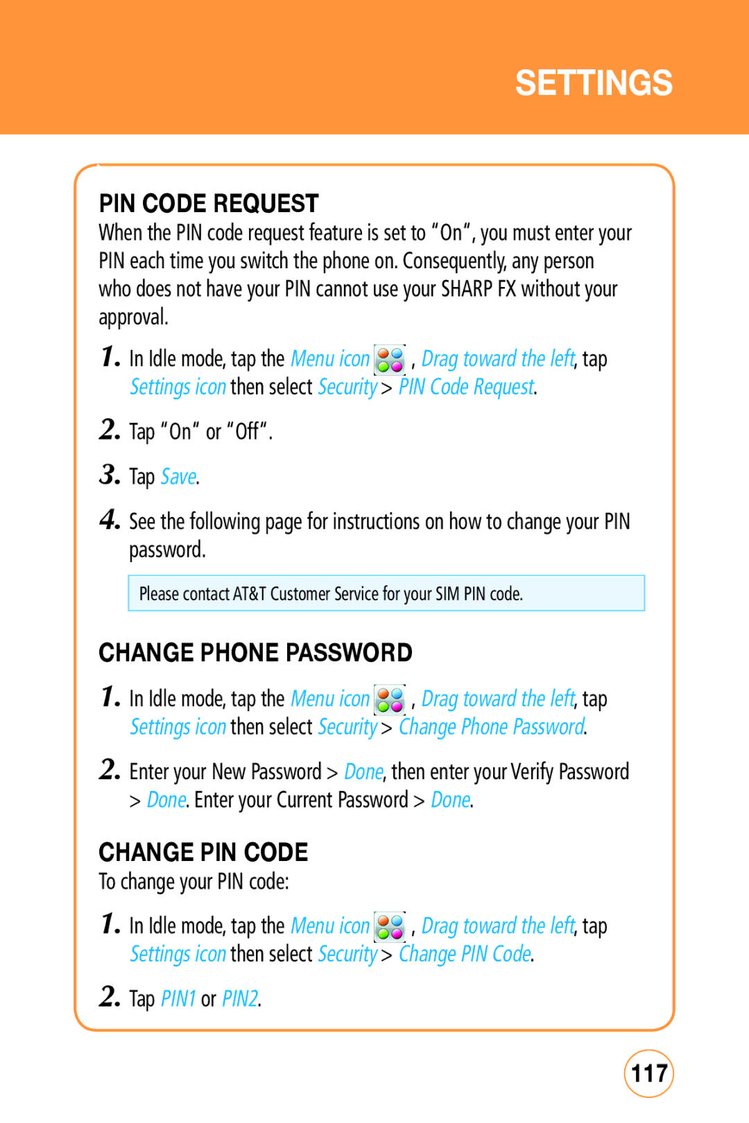 Sharp STX-2 manual PIN Code Request, Change Phone Password, Change PIN Code, 117, Tap PIN1 or PIN2 