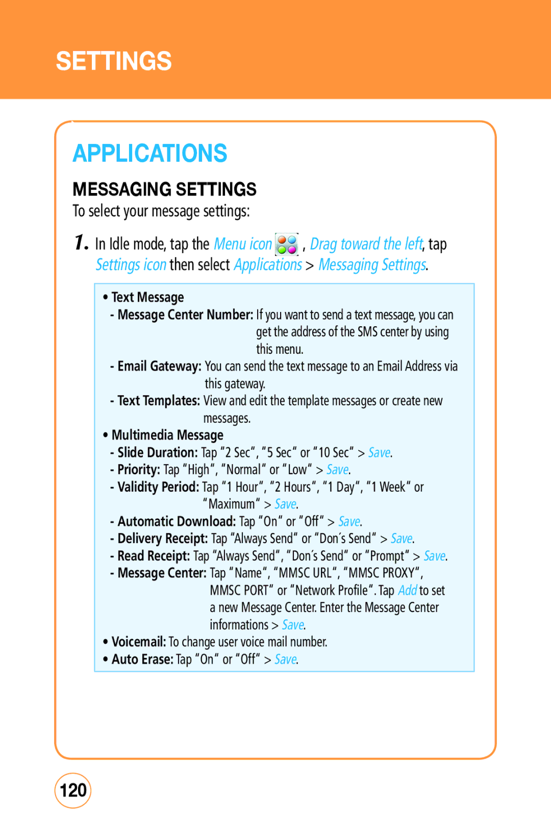 Sharp STX-2 manual Applications, Messaging Settings, 120, To select your message settings 