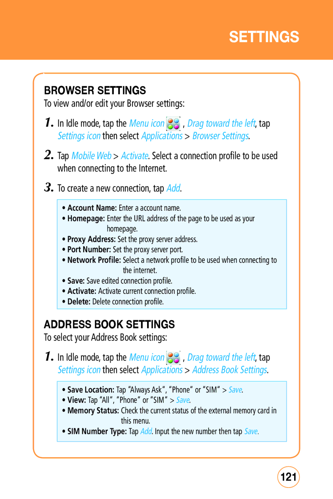 Sharp STX-2 manual Browser Settings, Address Book Settings, 121 