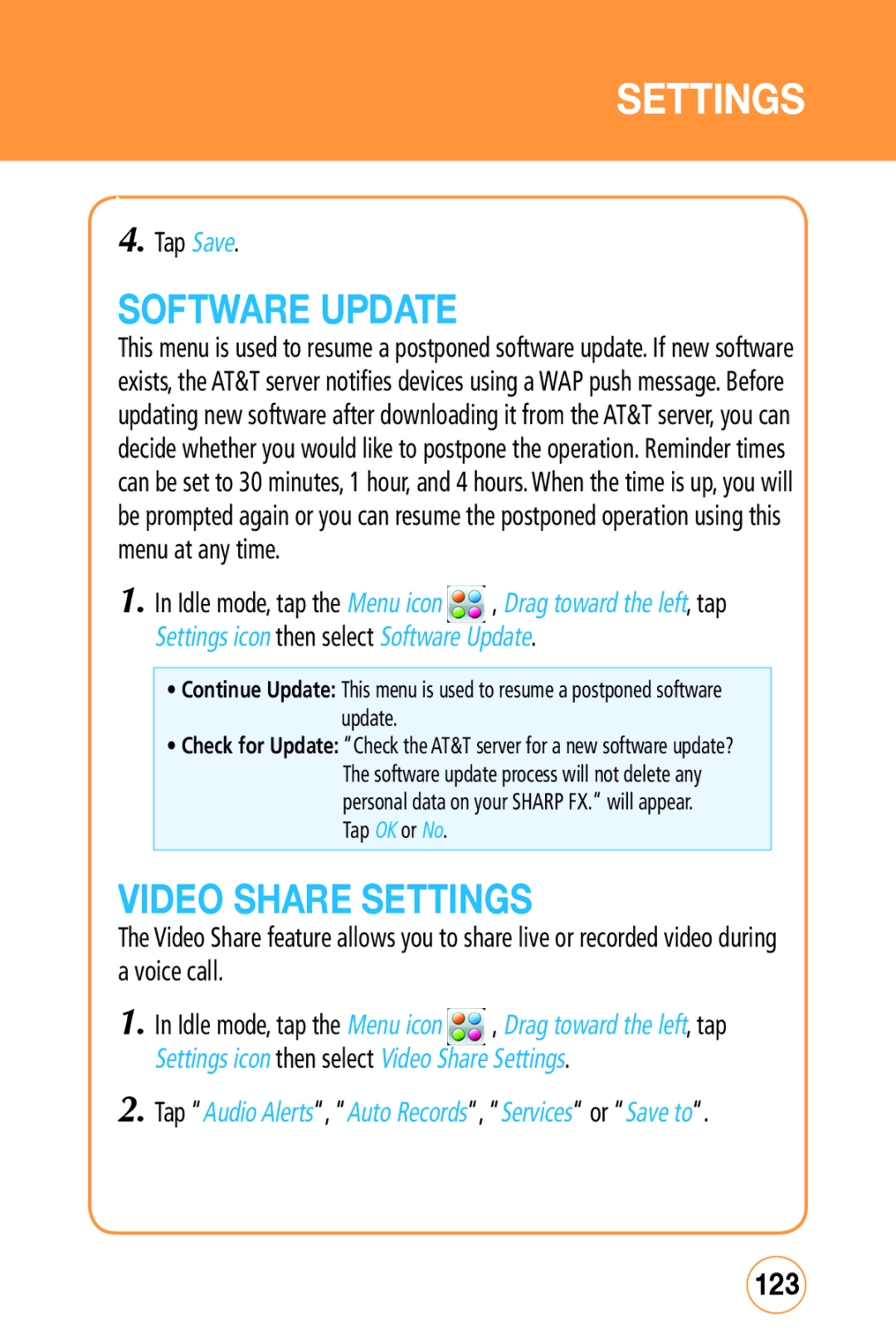 Sharp STX-2 manual Software Update, Video Share Settings, 123, Tap Audio Alerts, Auto Records, Services or Save to 