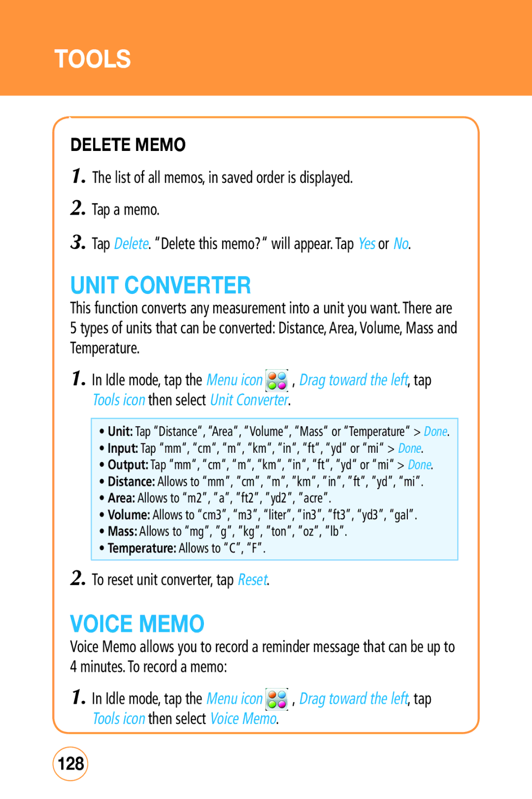 Sharp STX-2 manual Unit Converter, Voice Memo, Delete Memo, 128 