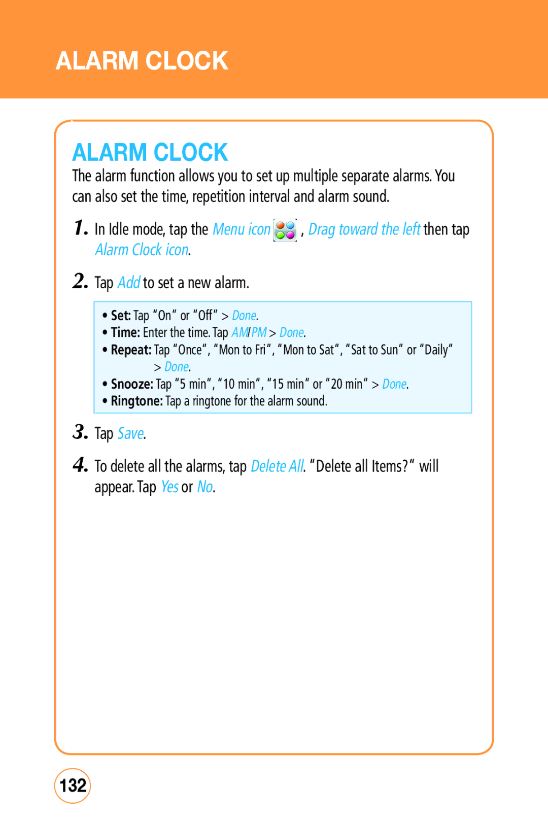 Sharp STX-2 manual Alarm CloCK, 132, Alarm Clock icon, Tap Add to set a new alarm 