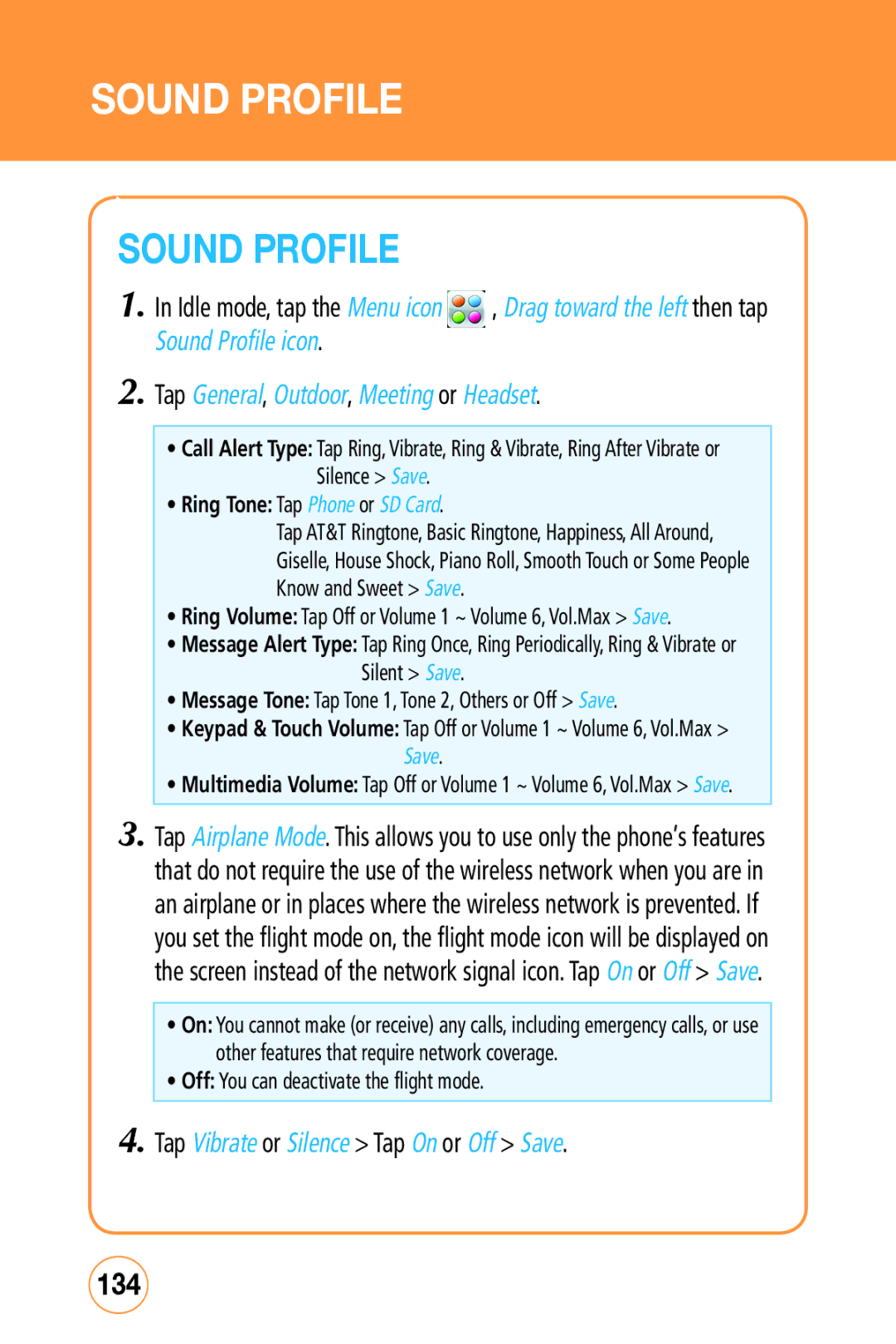 Sharp STX-2 manual 134, Sound Profile icon Tap General, Outdoor, Meeting or Headset 