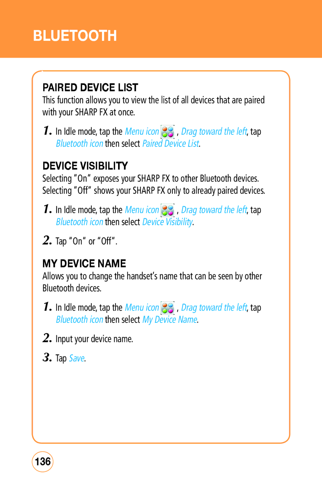 Sharp STX-2 manual Paired Device List, Device Visibility, MY Device Name, 136, Input your device name Tap Save 