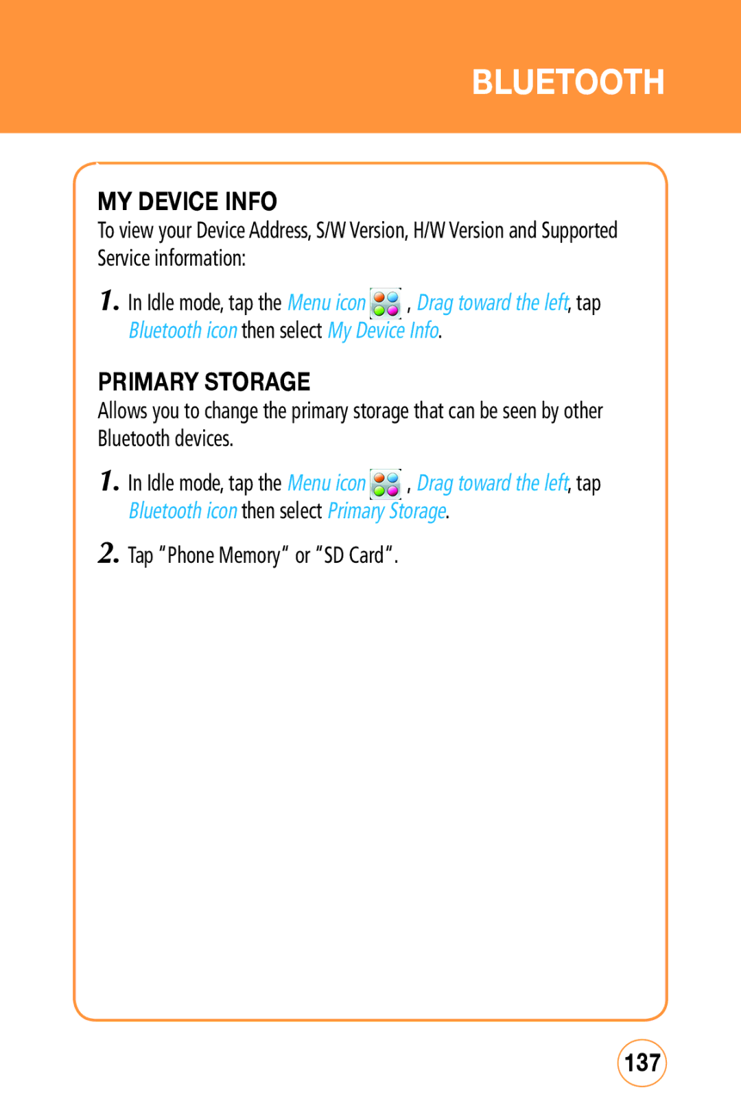 Sharp STX-2 manual MY Device Info, Primary Storage, 137, Tap Phone Memory or SD Card 