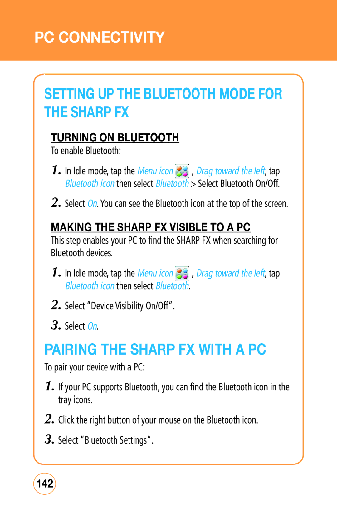 Sharp STX-2 Setting UP the Bluetooth mode for the Sharp FX, Pairing the Sharp FX with a PC, Turning on Bluetooth, 142 