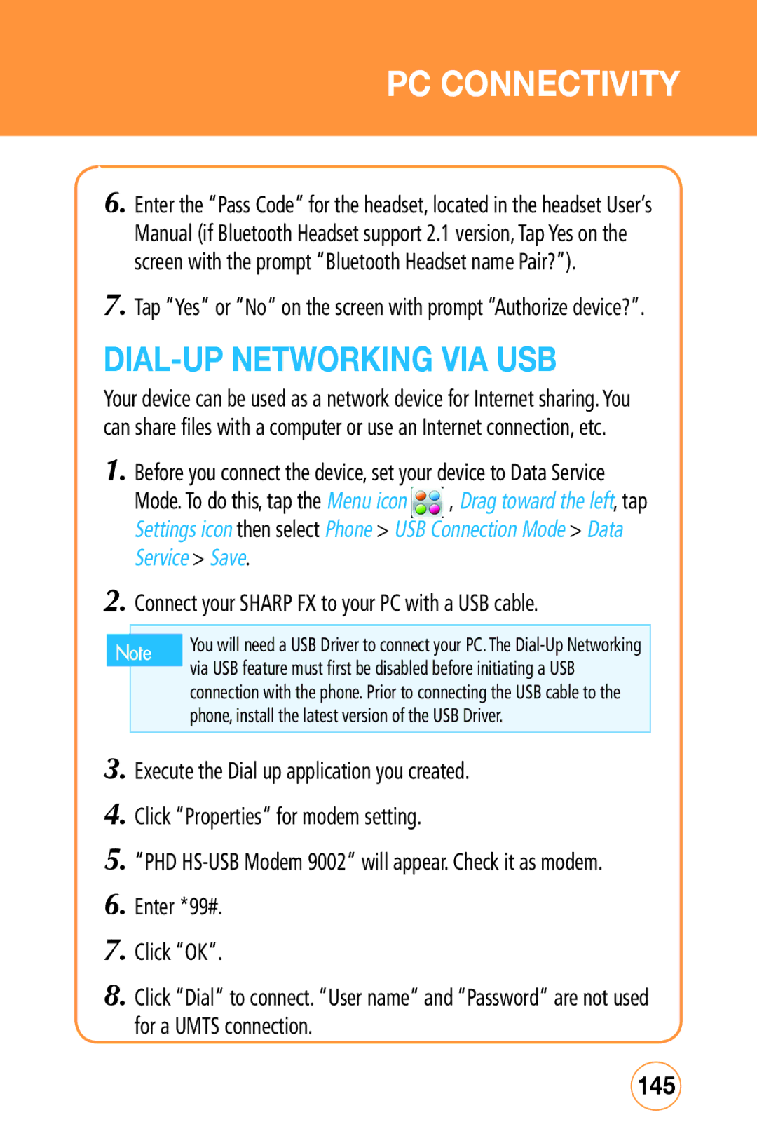 Sharp STX-2 manual DIAL-UP Networking VIA USB, 145, Connect your Sharp FX to your PC with a USB cable 