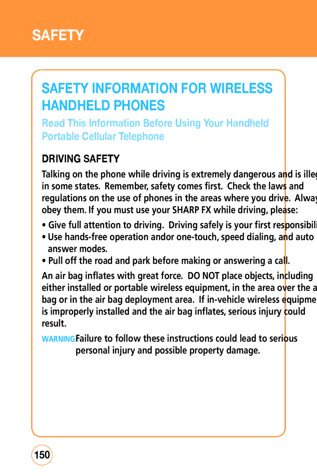 Sharp STX-2 manual Safety Information for Wireless Handheld Phones, Driving Safety, 150 