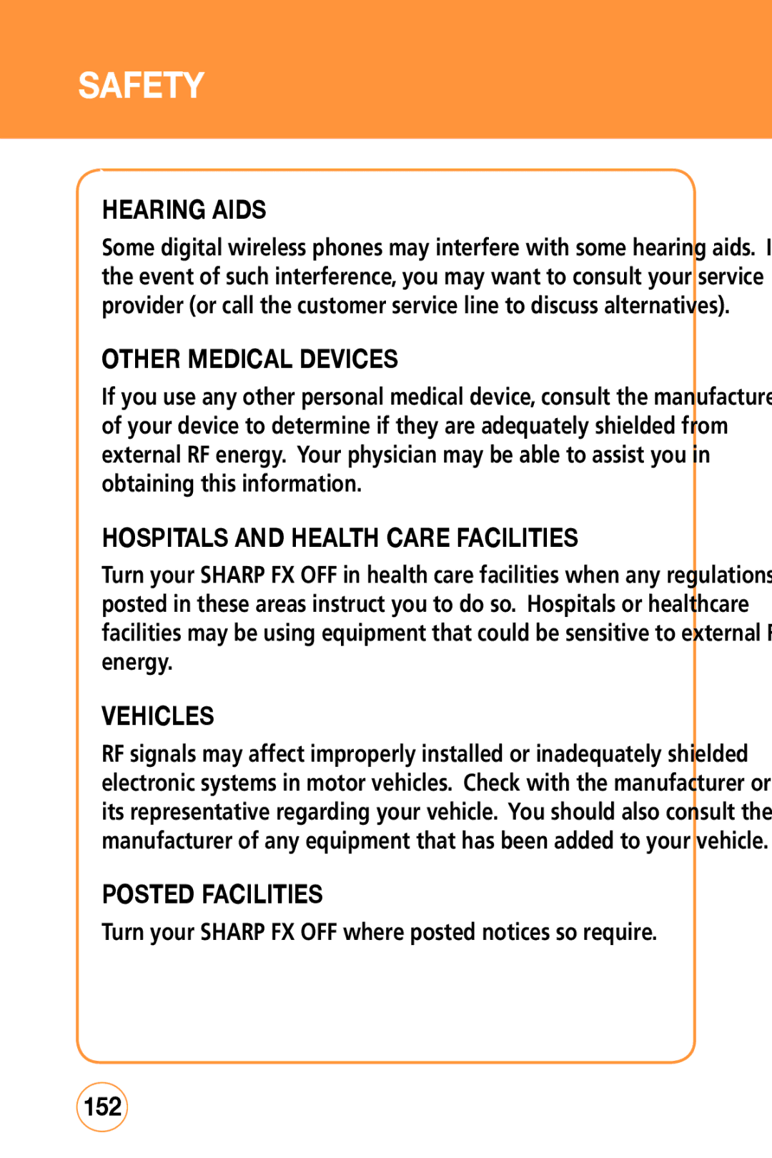 Sharp STX-2 manual Hearing Aids, Other Medical Devices, Hospitals and Health Care Facilities, Vehicles, Posted Facilities 