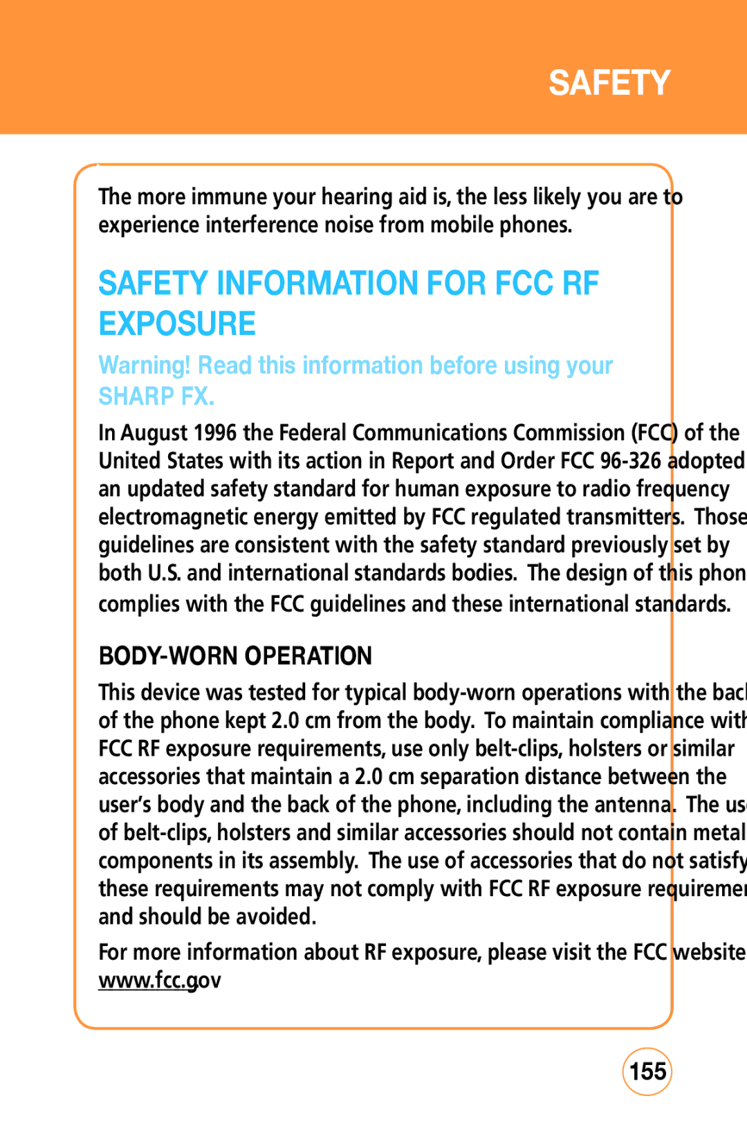 Sharp STX-2 manual Safety Information for FCC RF Exposure, BODY-WORN Operation, 155 