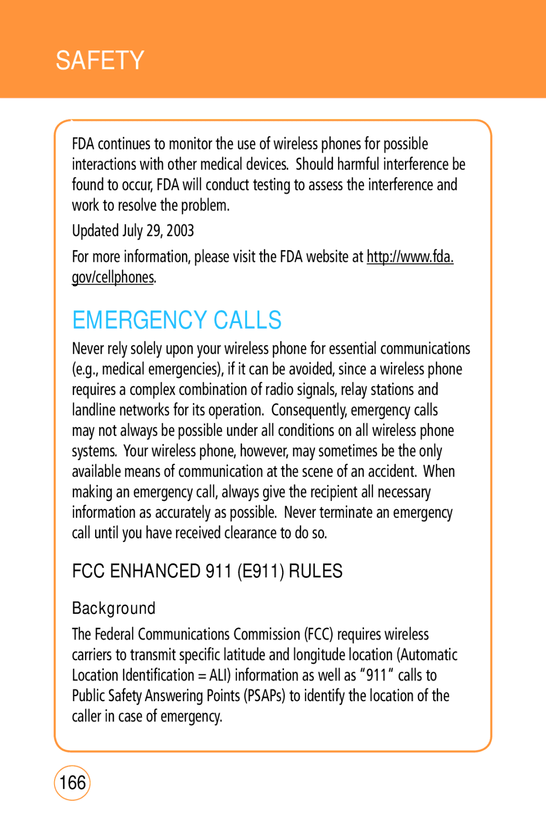 Sharp STX-2 manual Emergency Calls, FCC Enhanced 911 E911 Rules, 166, Updated July 29 