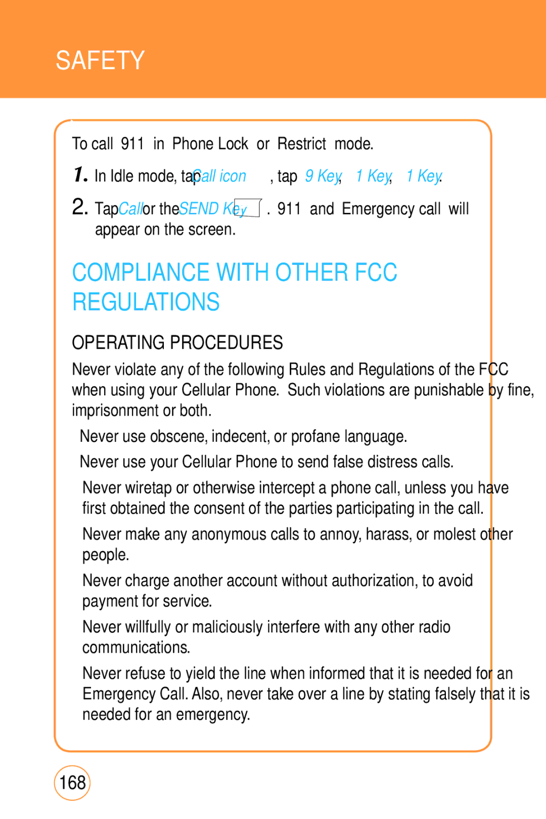 Sharp STX-2 Compliance with Other FCC Regulations, Operating Procedures, 168, To call 911 in Phone Lock or Restrict mode 