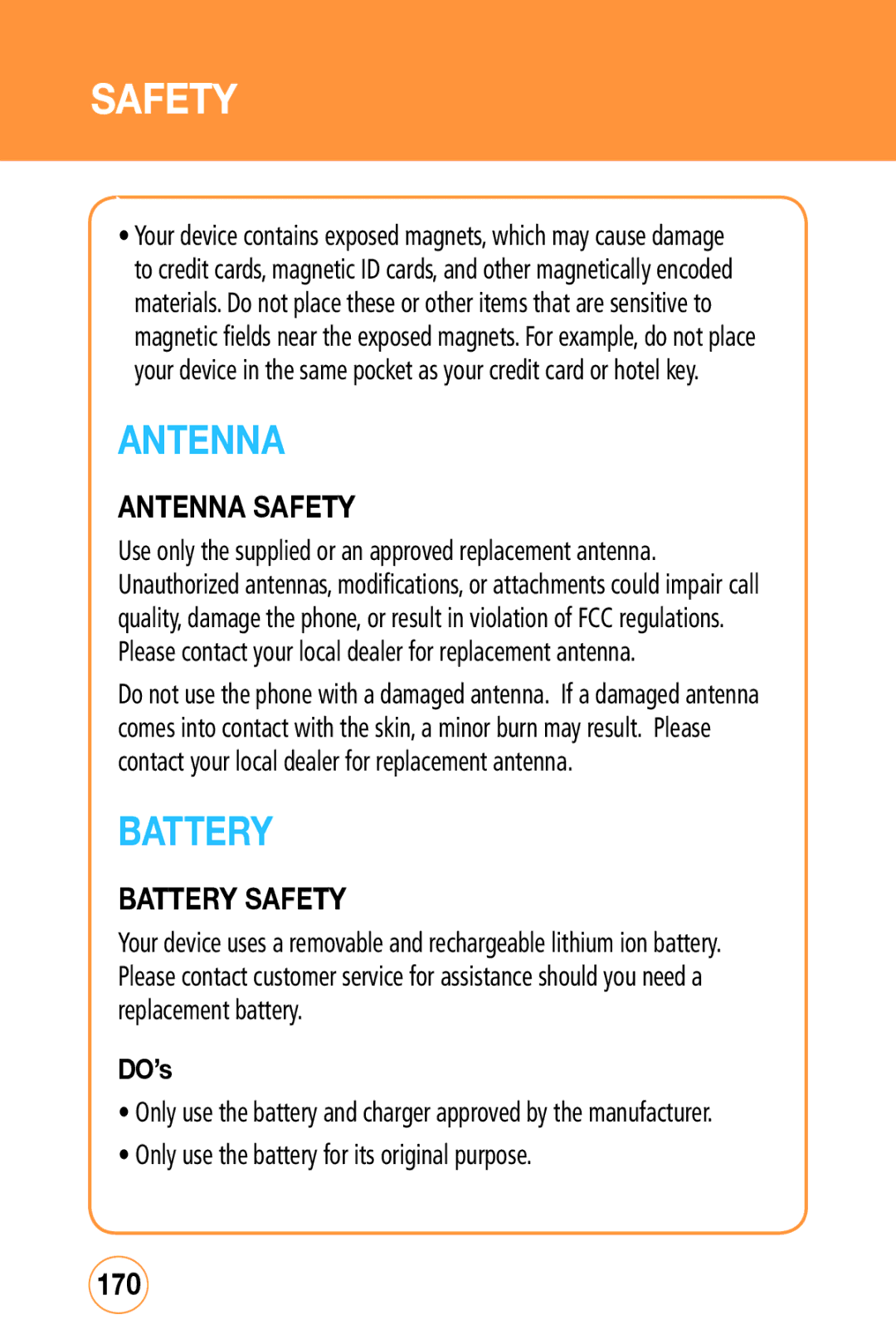 Sharp STX-2 manual Antenna Safety, Battery Safety, 170 