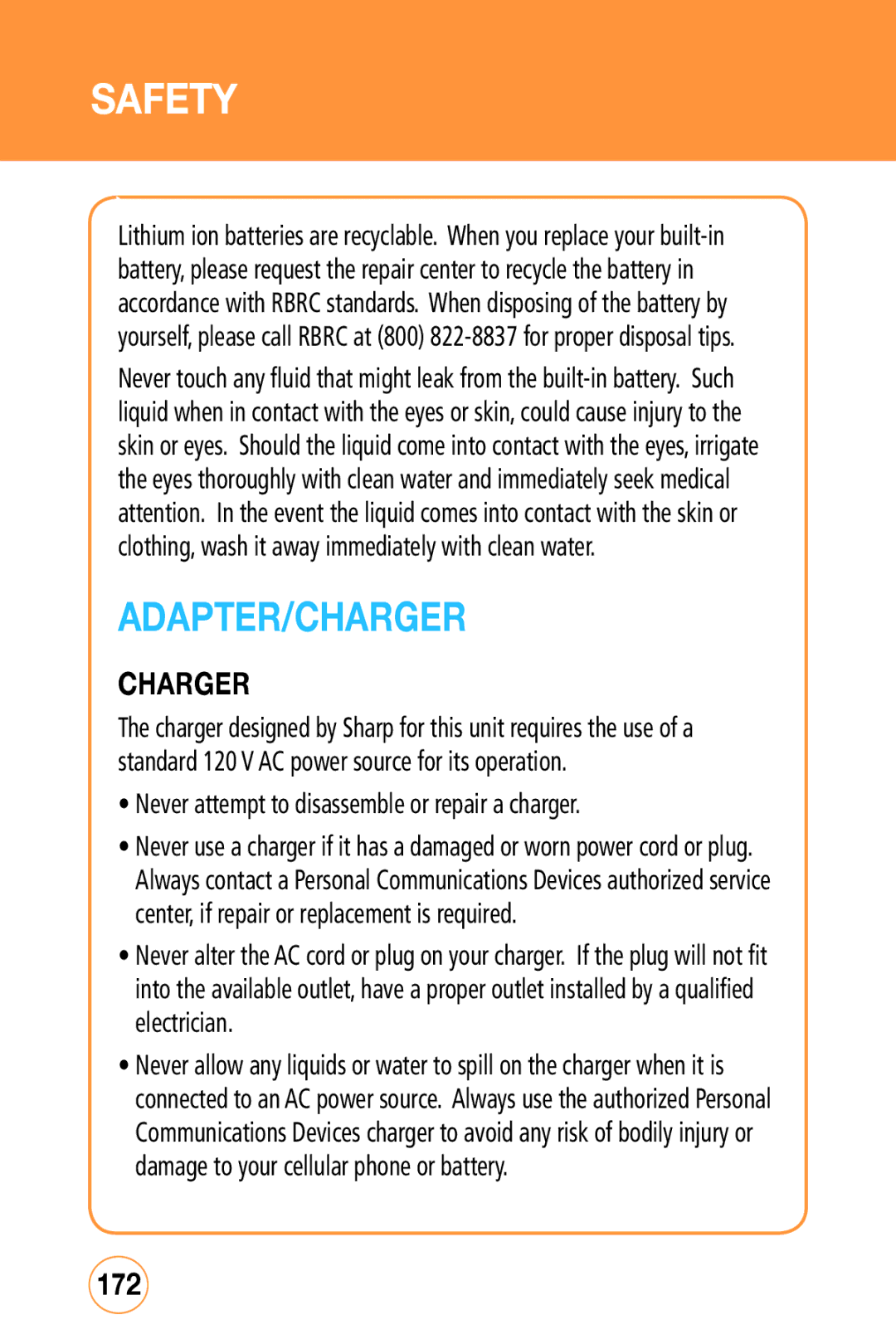 Sharp STX-2 manual Adapter/Charger, 172, Never attempt to disassemble or repair a charger 