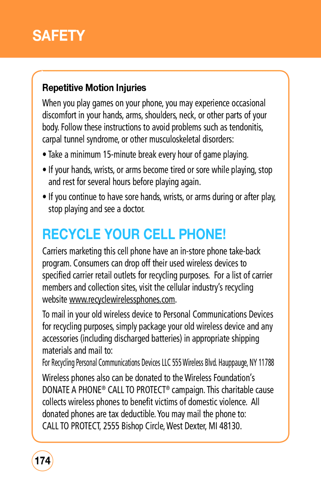 Sharp STX-2 manual Recycle Your Cell Phone, 174 