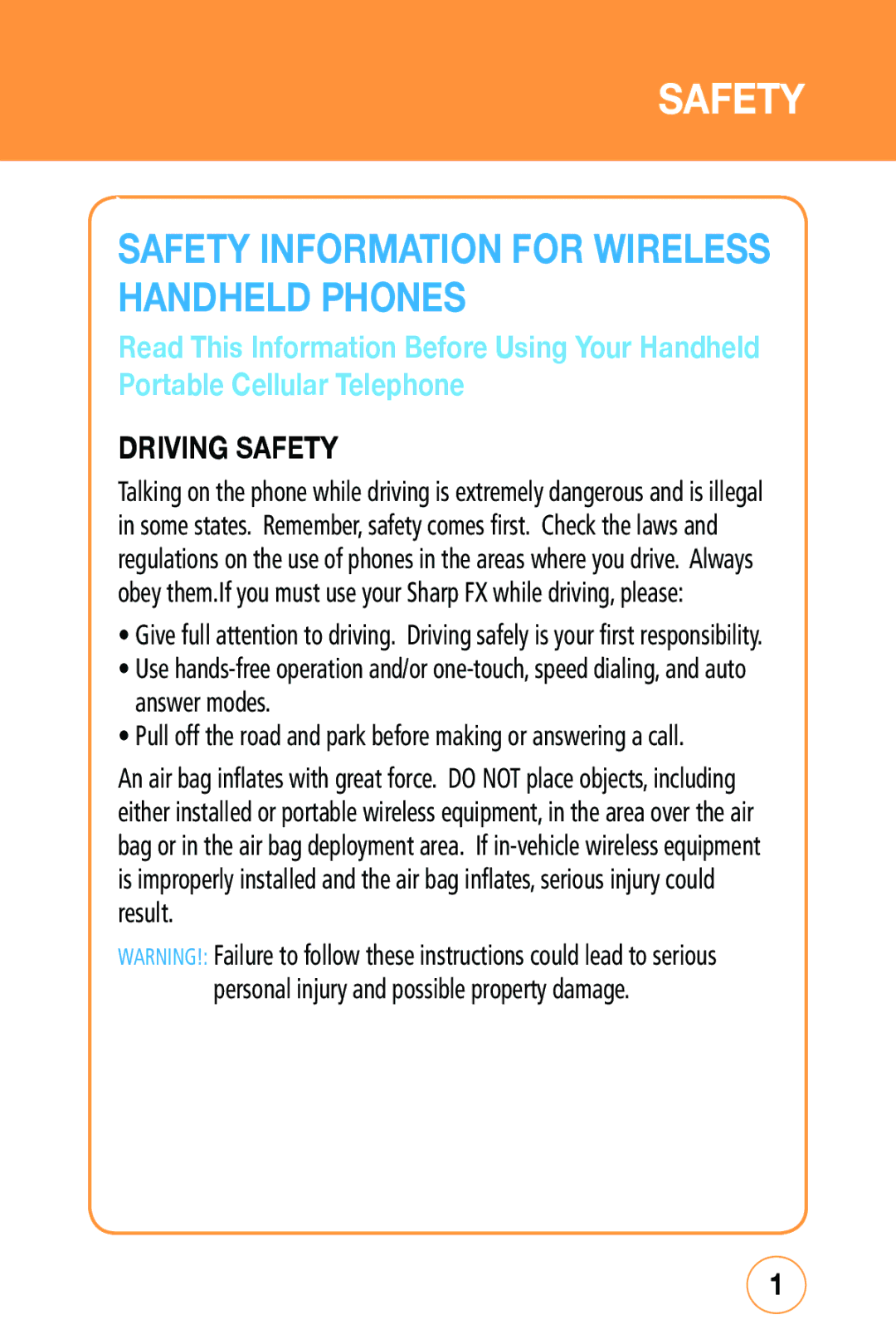 Sharp STX-2 manual Safety Information for Wireless Handheld Phones 