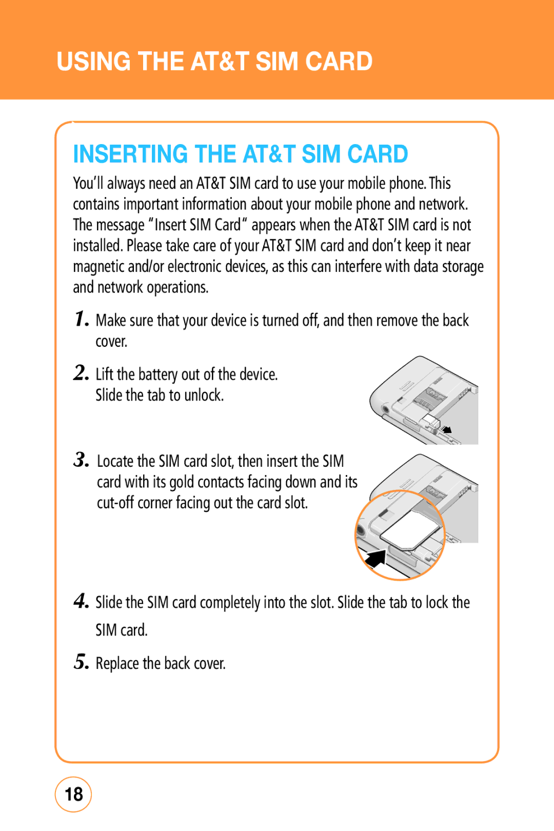 Sharp STX-2 manual Using the AT&T SIM Card, Inserting the AT&T SIM card, Locate the SIM card slot, then insert the SIM 