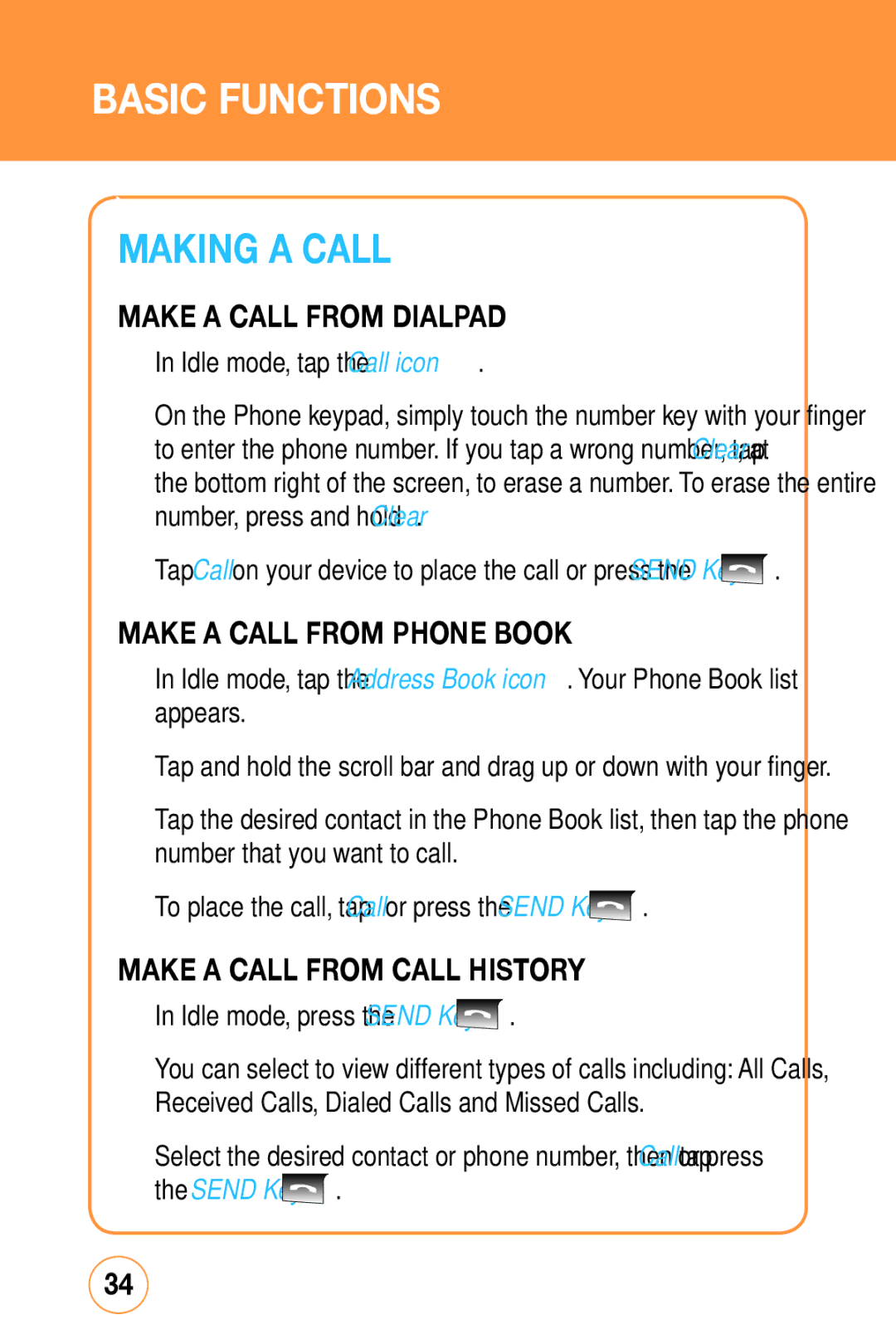 Sharp STX-2 manual Basic Functions, Making a Call, Make a call from Dialpad, Make a call from Phone Book 