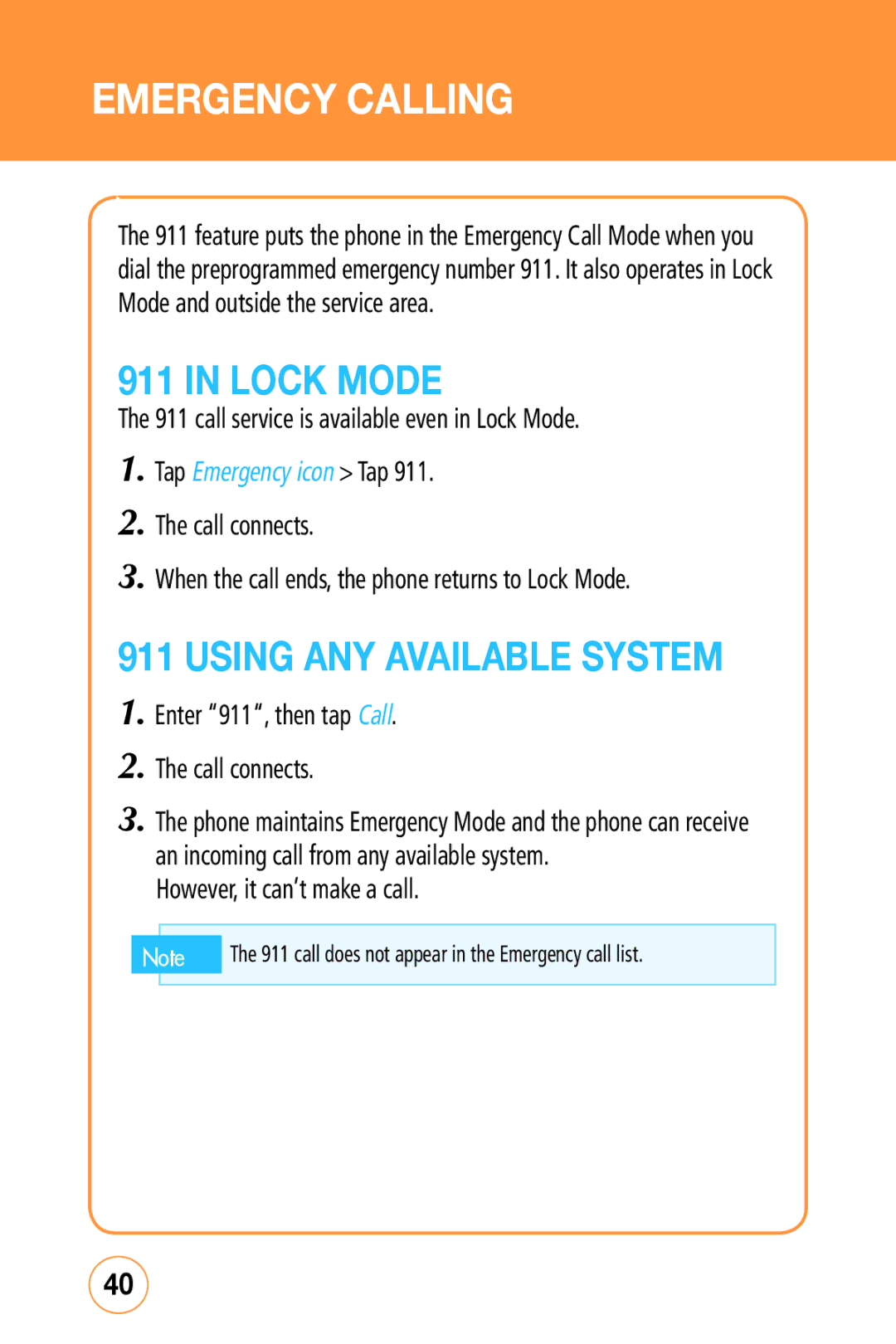 Sharp STX-2 manual Lock Mode, Using ANY Available System, Tap Emergency icon Tap 