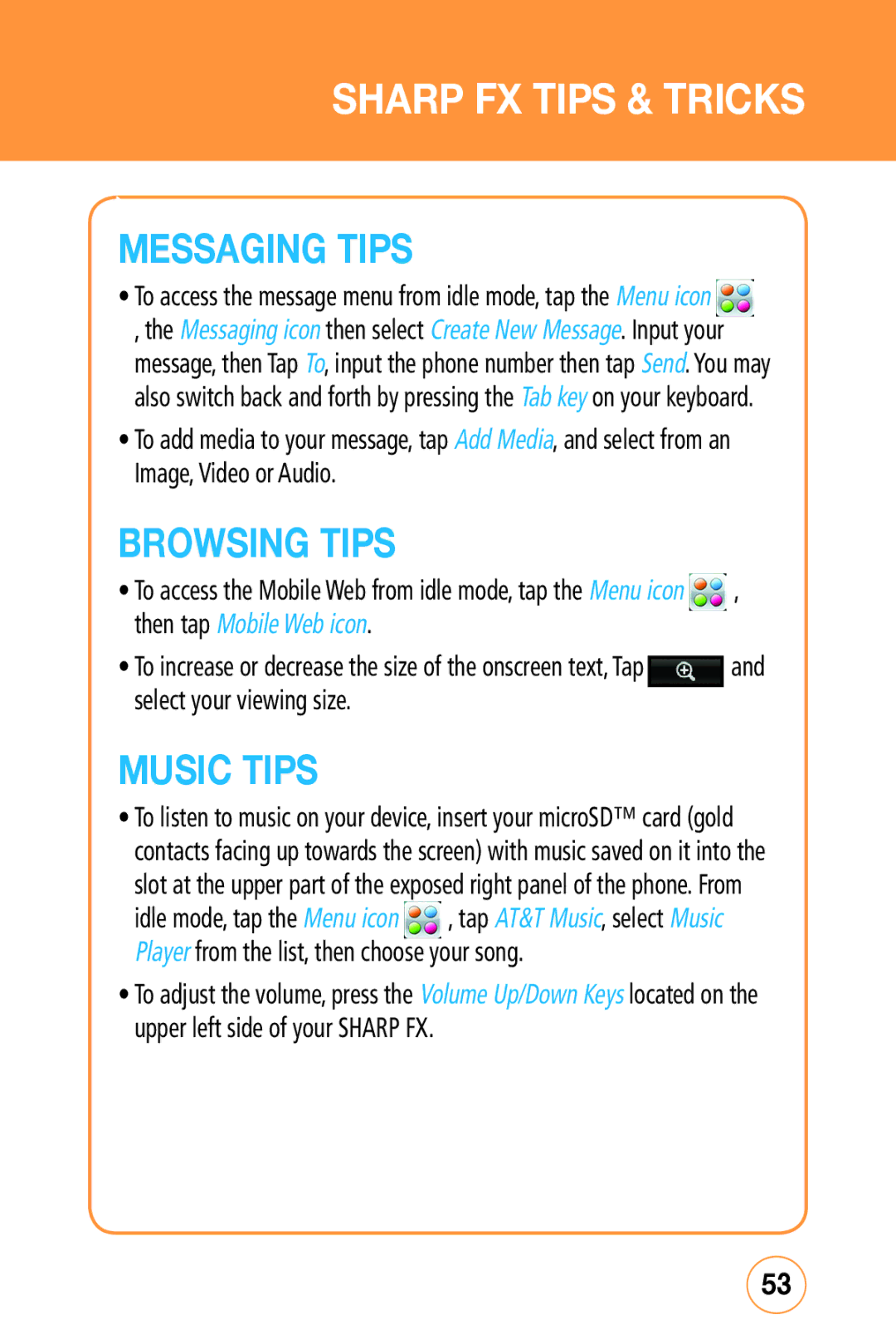 Sharp STX-2 manual Messaging Tips, Browsing Tips, Music Tips 