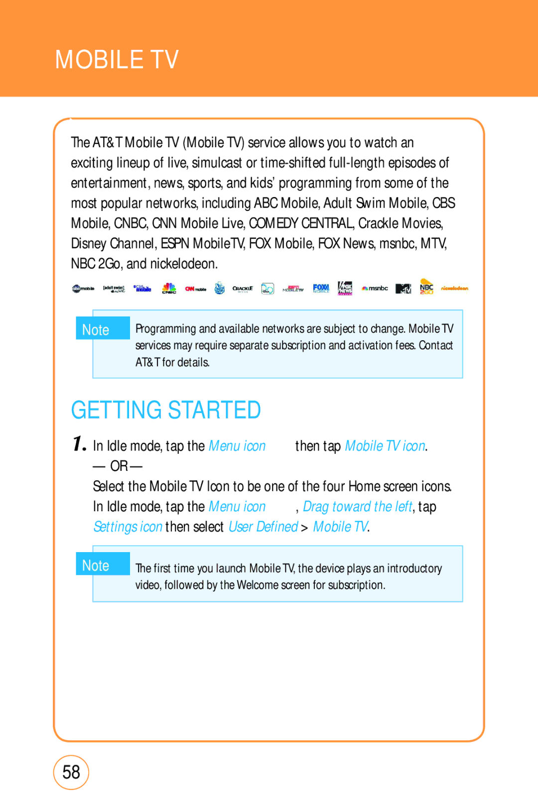 Sharp STX-2 manual Getting Started, Settings icon then select User Defined Mobile TV 