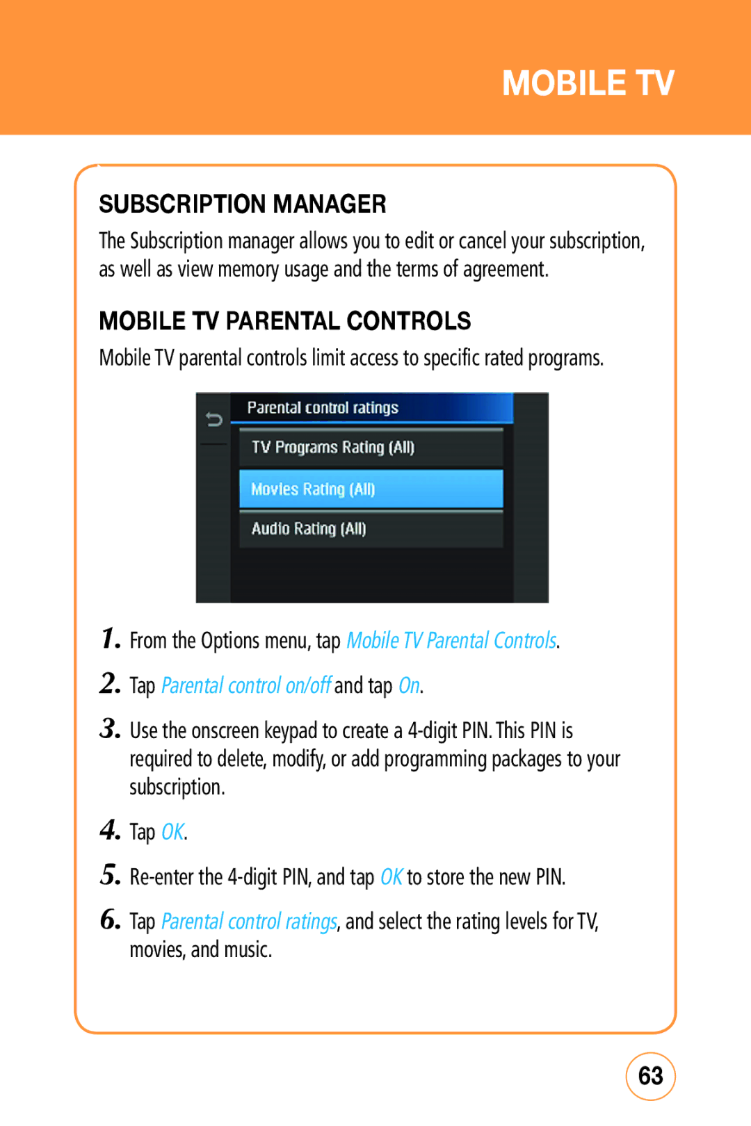 Sharp STX-2 manual Subscription manager, From the Options menu, tap Mobile TV Parental Controls 