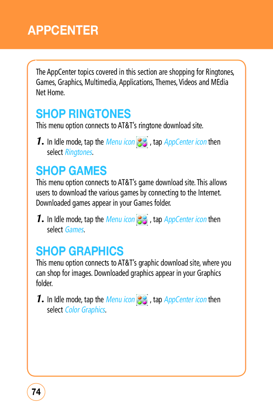 Sharp STX-2 manual Appcenter, Shop Ringtones, Shop Games, Shop Graphics 