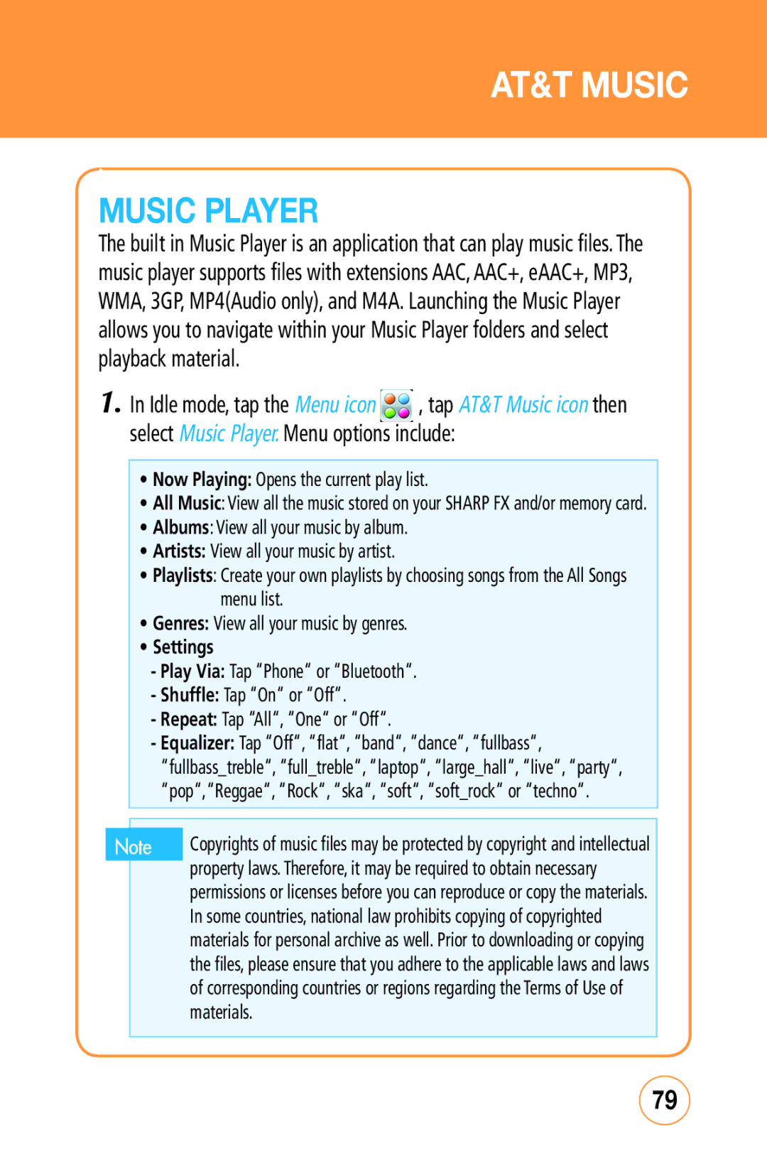 Sharp STX-2 manual AT&T Music, Music Player 