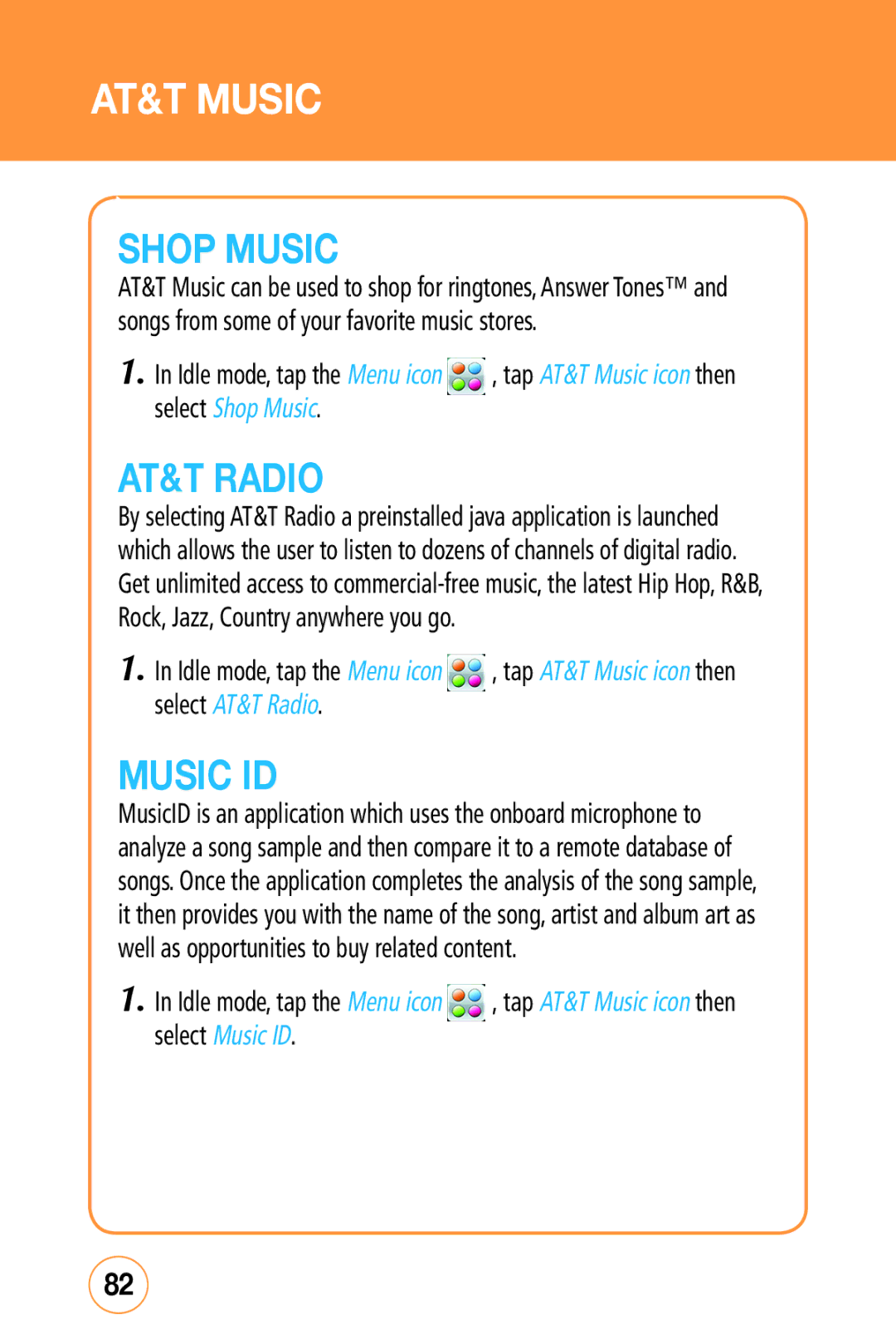 Sharp STX-2 manual Music ID, Select Shop Music, Select AT&T Radio 