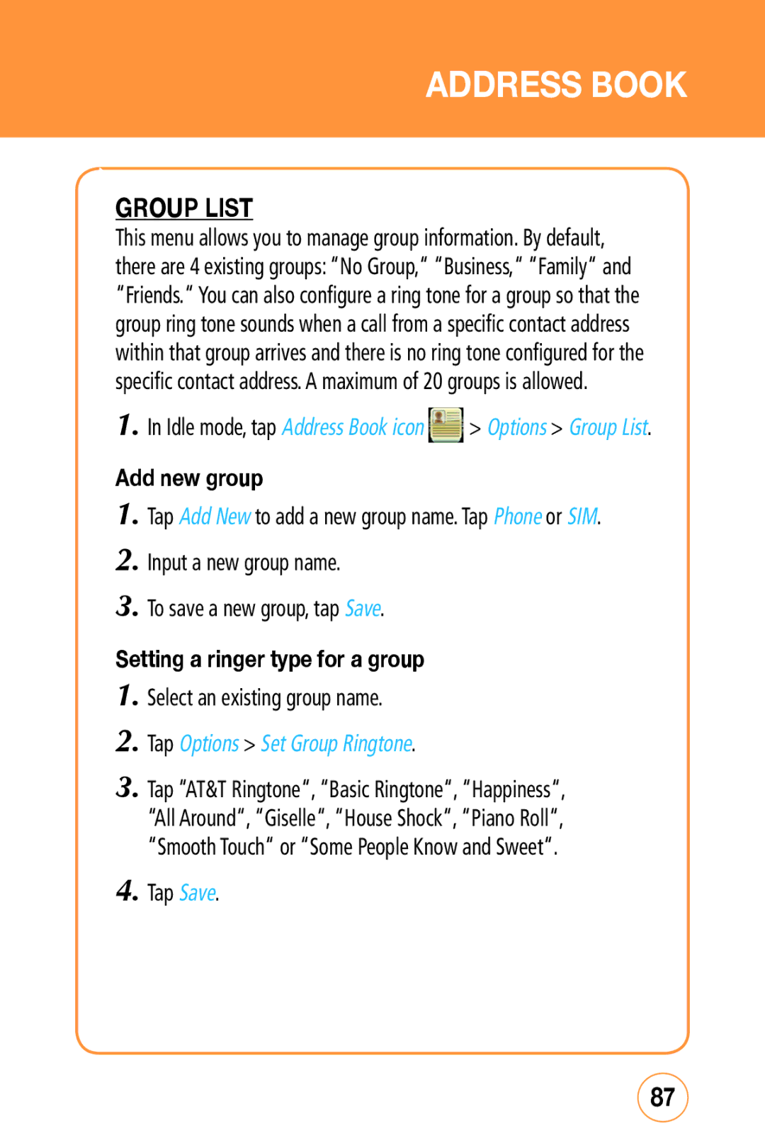 Sharp STX-2 Group List, Input a new group name To save a new group, tap Save, Select an existing group name, Tap Save 