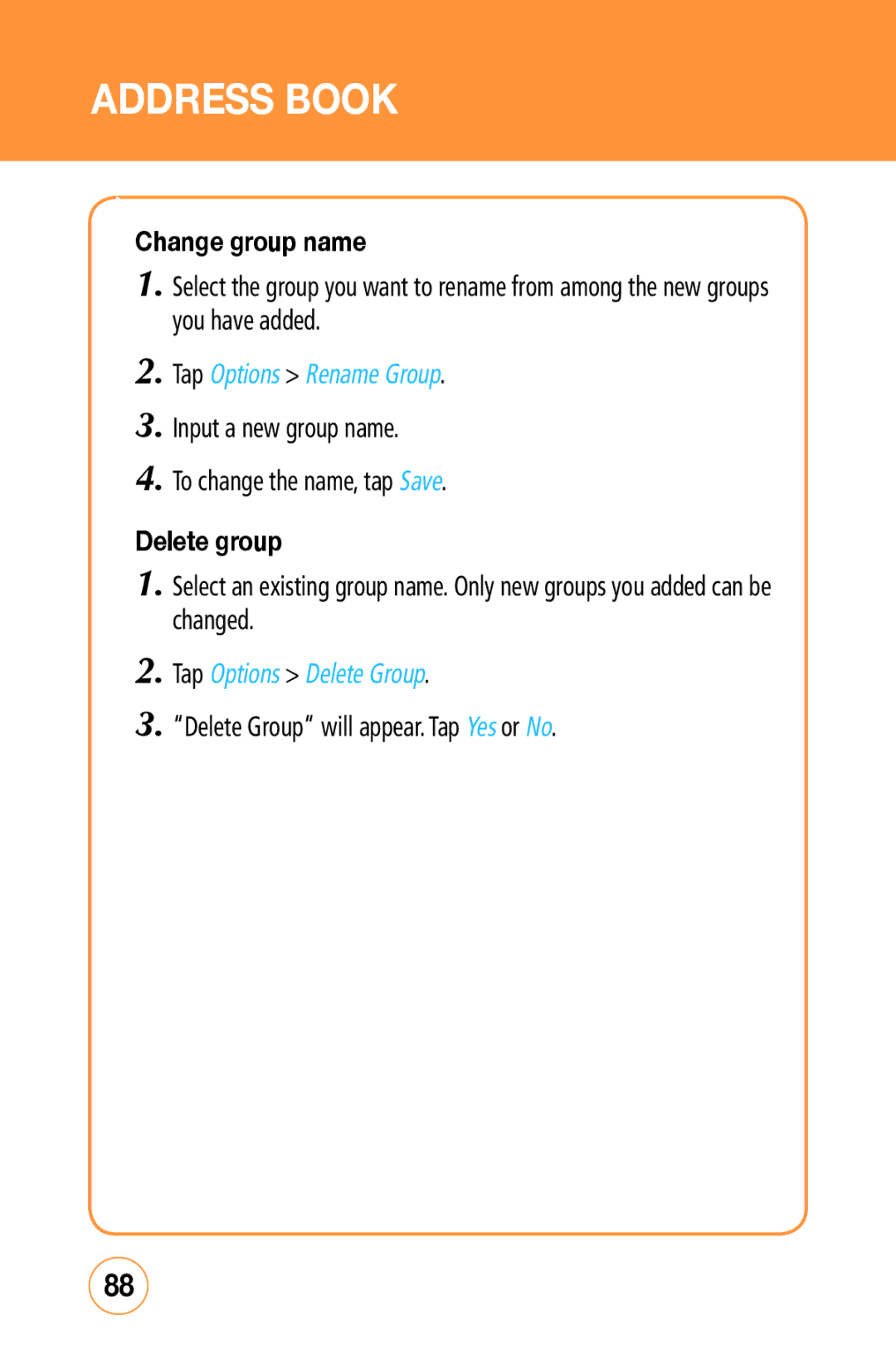 Sharp STX-2 manual Tap Options Rename Group, Input a new group name To change the name, tap Save, Tap Options Delete Group 