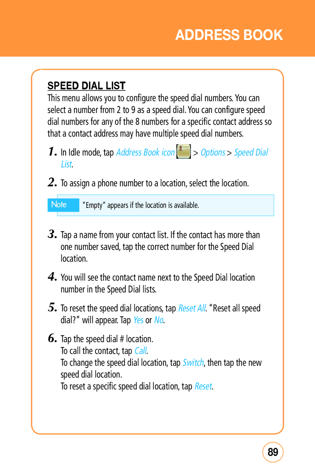 Sharp STX-2 manual Idle mode, tap Address Book icon Options Speed Dial List 