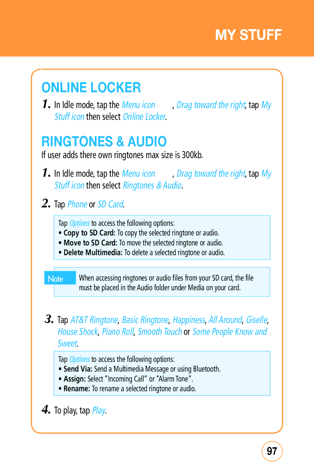 Sharp STX-2 manual MY Stuff, OnLINE Locker, Ringtones & Audio, Tap Phone or SD Card 