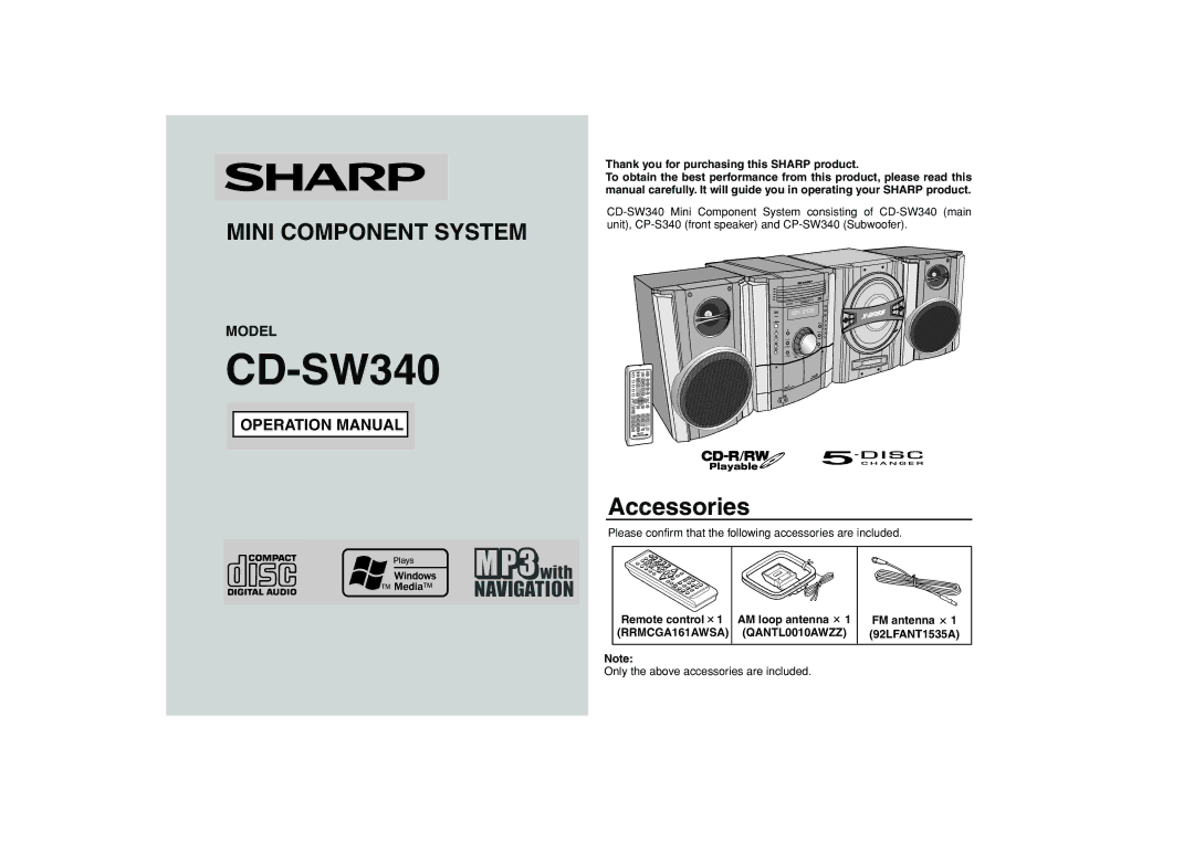 Sharp SW340 operation manual Thank you for purchasing this Sharp product, Remote control AM loop antenna FM antenna 