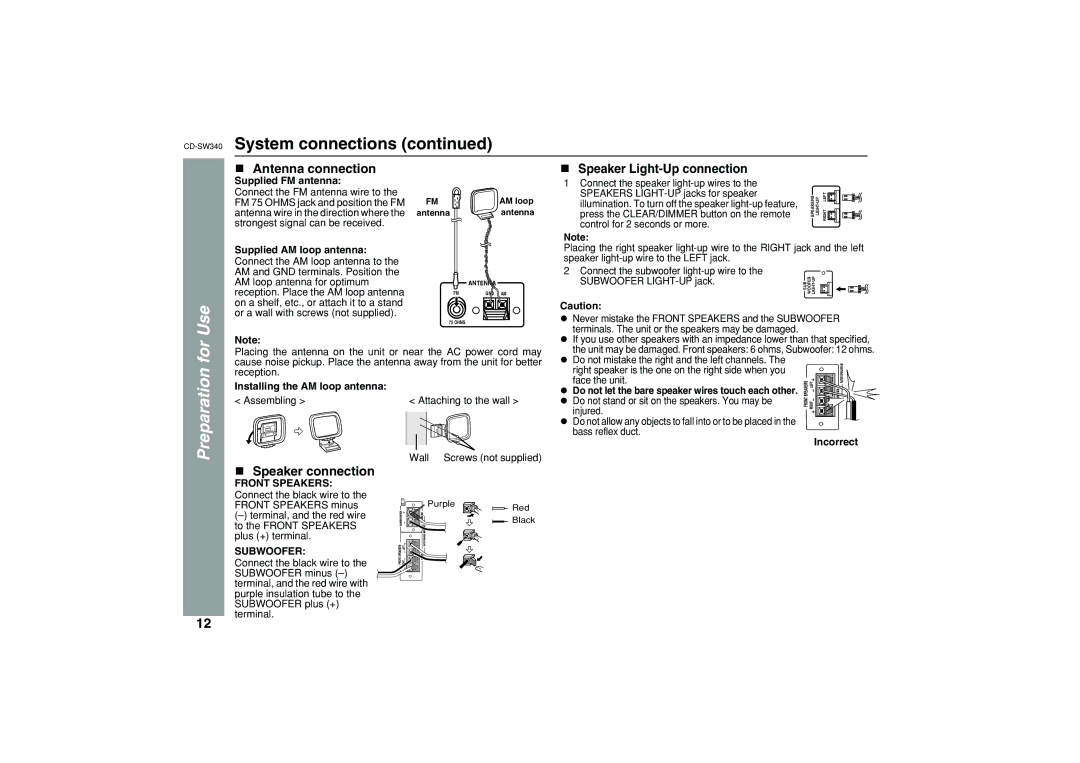 Sharp SW340 operation manual Use, Antenna connection, Speaker Light-Up connection 