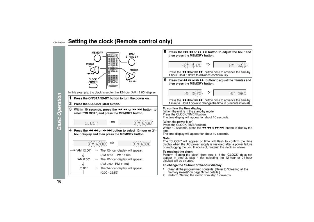 Sharp SW340 Setting the clock Remote control only, Basic Operation, To conﬁrm the time display, To readjust the clock 