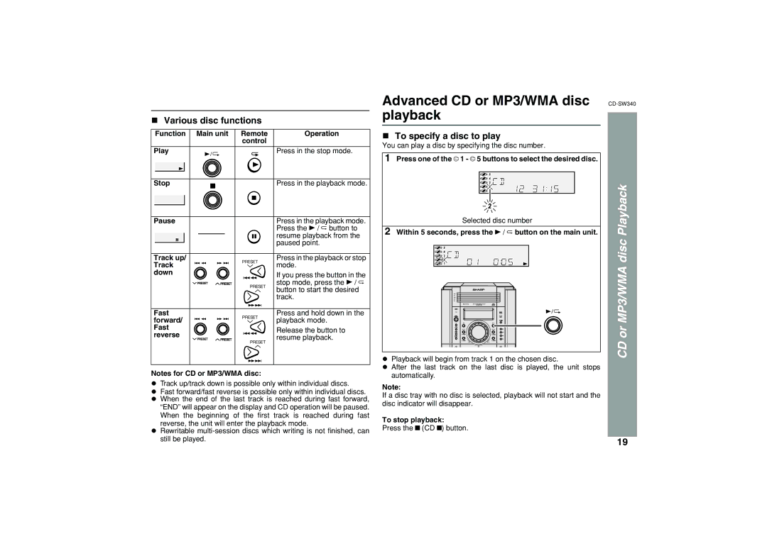 Sharp SW340 operation manual Advanced CD or MP3/WMA disc playback, Various disc functions, To specify a disc to play 