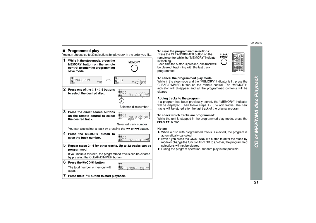 Sharp SW340 operation manual Disc, Programmed play, To cancel the programmed play mode, Adding tracks to the program 